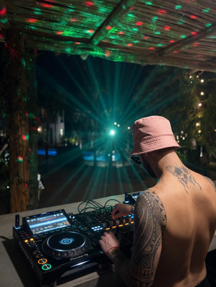DJ Bernie G at the booth on a New York rooftop